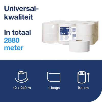 Tork mini jumbo toiletpapier 1 laags 12x240mtr wit voor T2 systeem