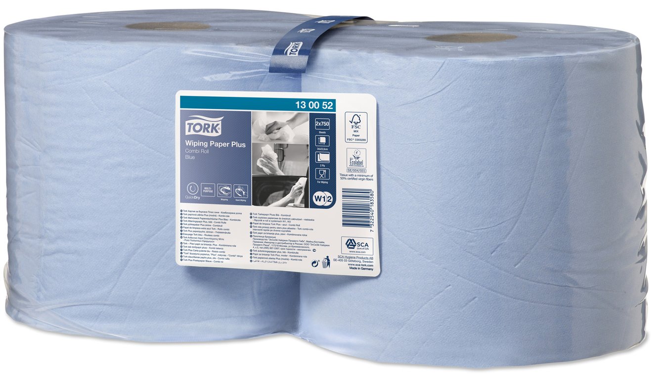 Tork Wiping Plus poetspapier 255mtr x 23,5cm 2 rollen 750 vellen blauw