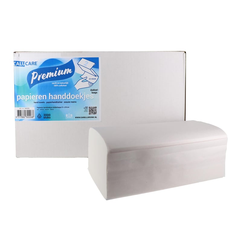 CaluCare Premium papieren handdoekjes 2-lgs V-vouw 100% cellulose 21x24cm