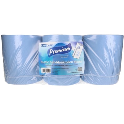 CaluCare Premium Matic handdoekrol blauw 2-lgs 100% cellulose 6 rollen 21cm x 150m met dop
