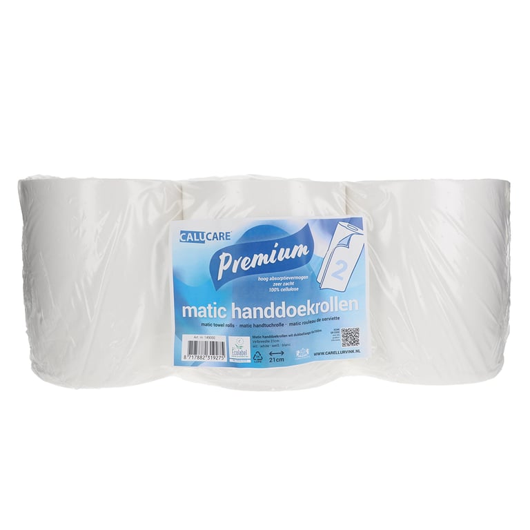 CaluCare Premium handdoekrol 2-lgs 100% cellulose 6x 20cm x 140mtr wit