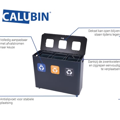CaluBin recyclingstation 3x 60ltr zwart 