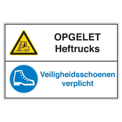 Brady bordje ''opgelet heftrucks / veiligheigheids schoenen verplicht'' gecombineerde pictogram