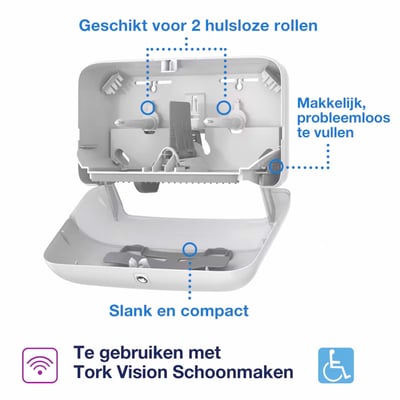 Tork OptiServe toiletpapierdispenser wit t.b.v. 2 rollen hulsloos toiletpapier 