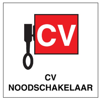 Brady sticker "CV noodschakelaar" 148x148mm zwart en rood op wit