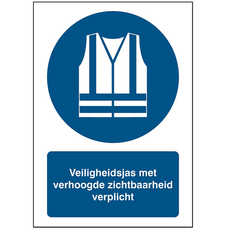Brady sticker "veiligheidsjas met verhoogde zichtbaarheid verplicht" wit op blauw 29,7x42cm