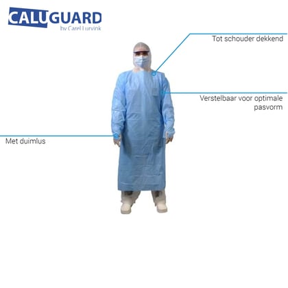 CaluGuard disposable CPE schort 96x125cm blauw met lange mouw en duimlus per stuk verpakt