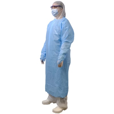 CaluGuard disposable CPE schort 96x125cm blauw met lange mouw en duimlus per stuk verpakt