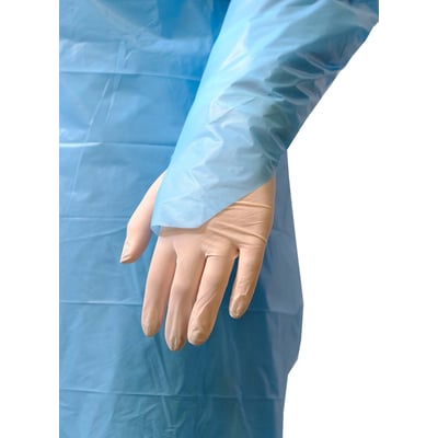 CaluGuard disposable CPE schort 96x125cm blauw met lange mouw en duimlus per stuk verpakt