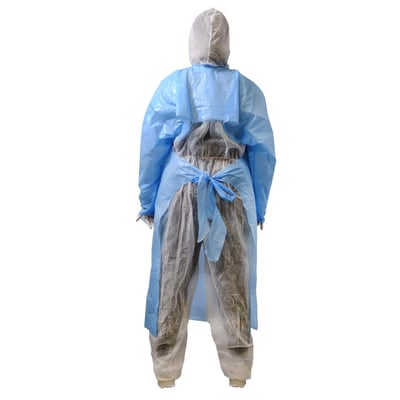 CaluGuard disposable CPE schort 96x125cm blauw met lange mouw en duimlus per stuk verpakt