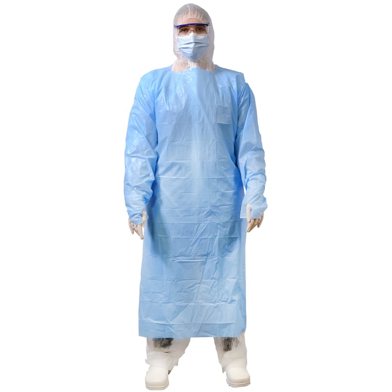 CaluGuard disposable CPE schort 96x125cm blauw met lange mouw en duimlus