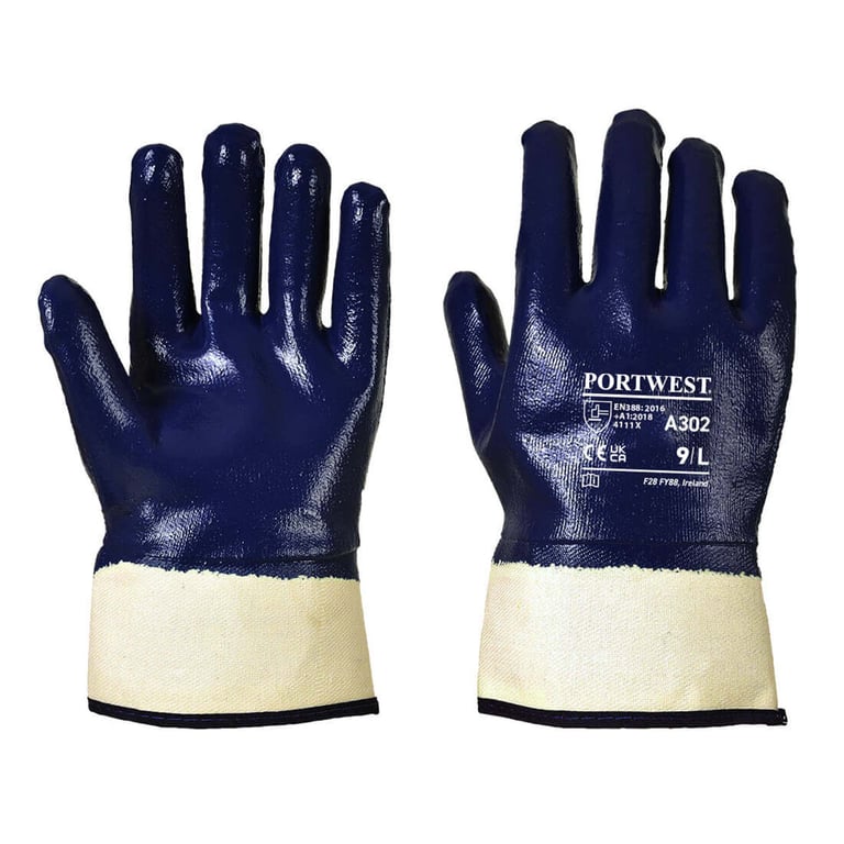 Portwest A302 veiligheids manchet werkhandschoen volledig gedipte Nitril blauw