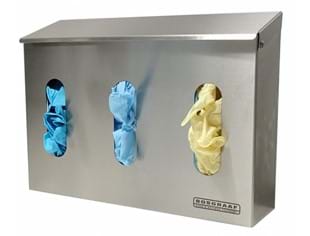 Handschoen dispenser wandmodel met 3 compartimenten RVS